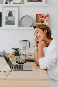 Woman in perimenopause during a telehealth therapy session